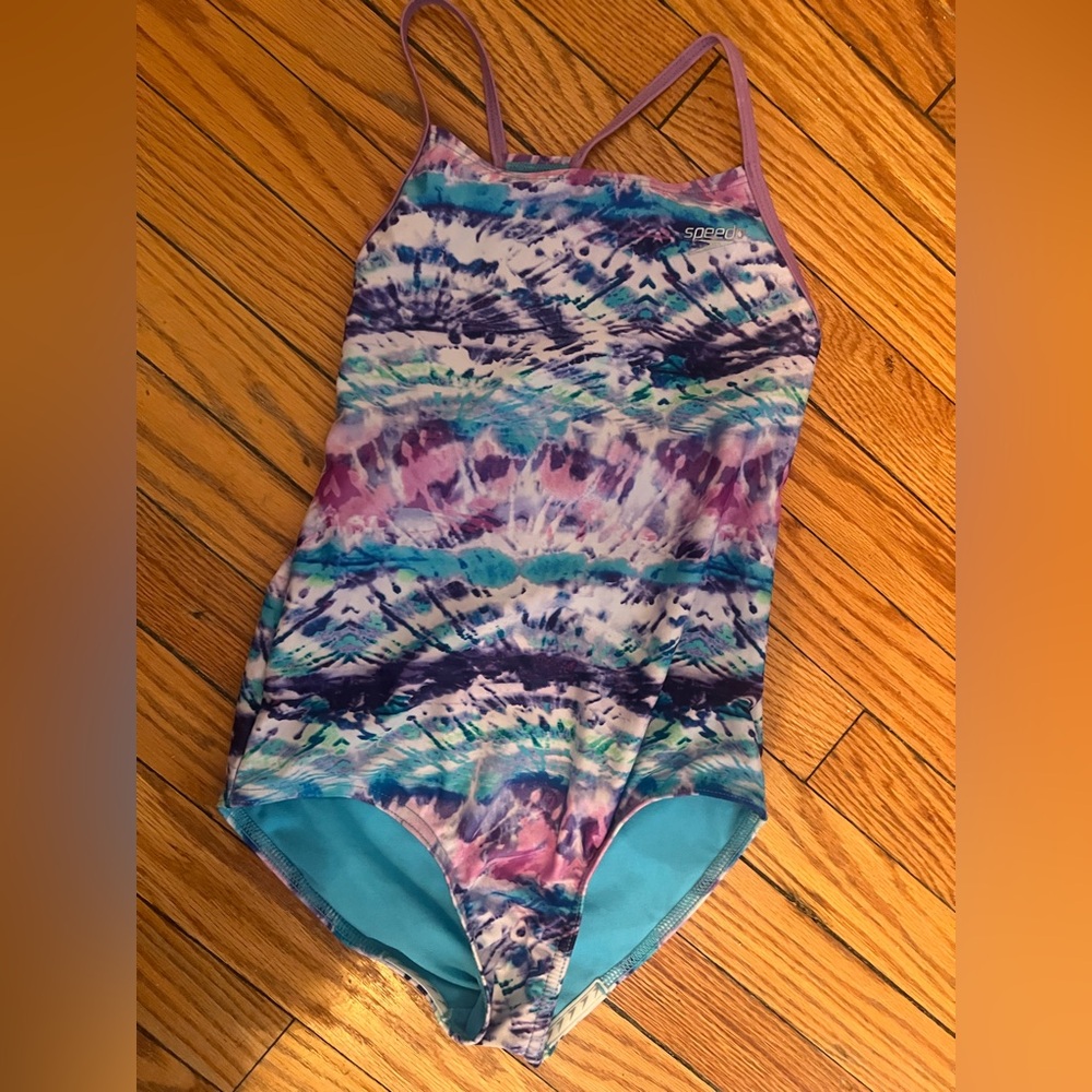 Speedo Youth Girls 1-piece Swimsuit Size L 12 Purple Tie dye UPF 50+